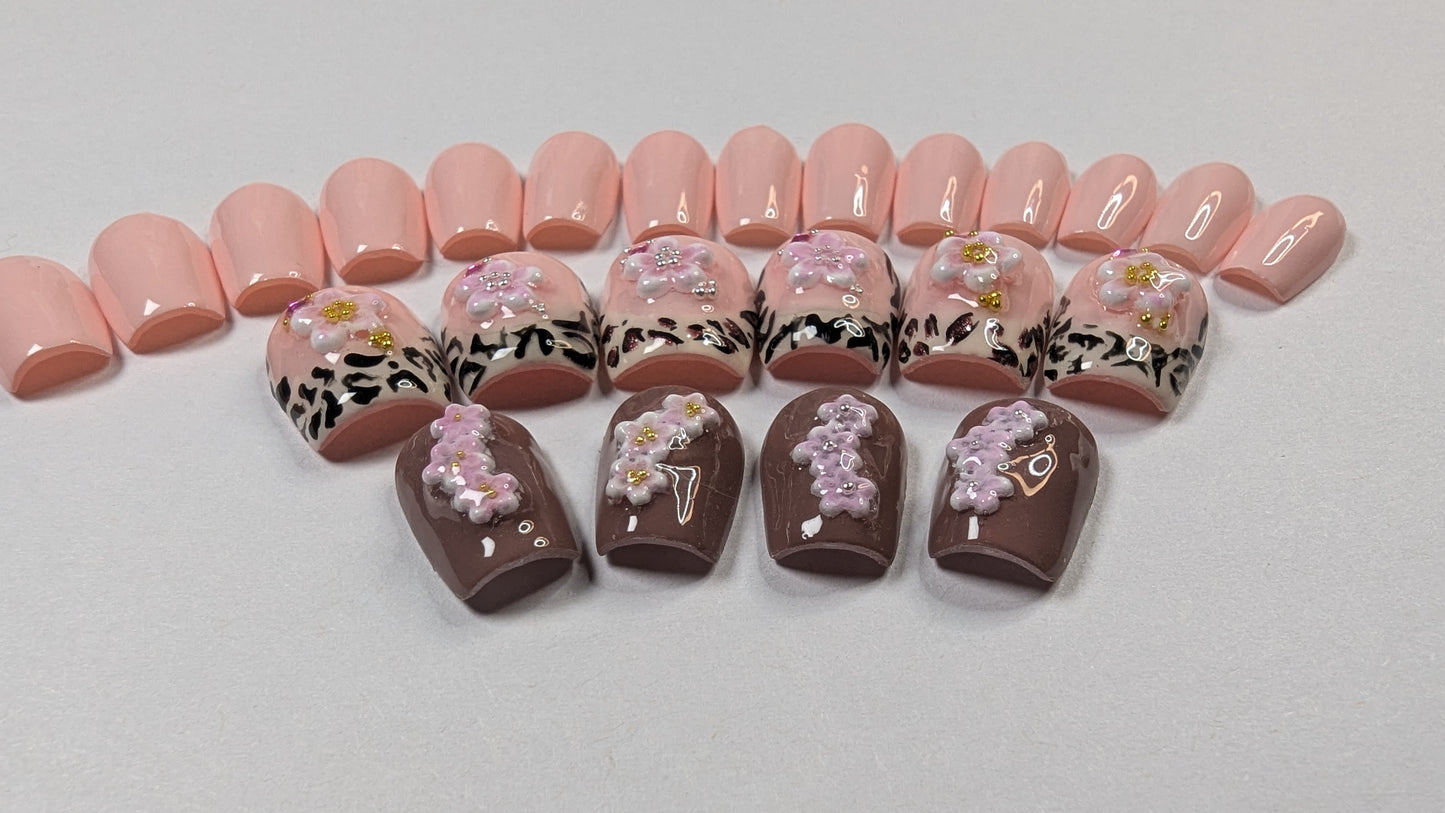 Elegant Floral and Animal Print Press-On Nail Set