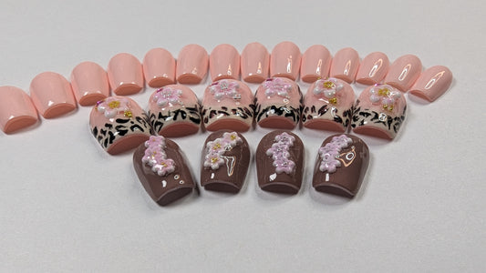 Elegant Floral and Animal Print Press-On Nail Set