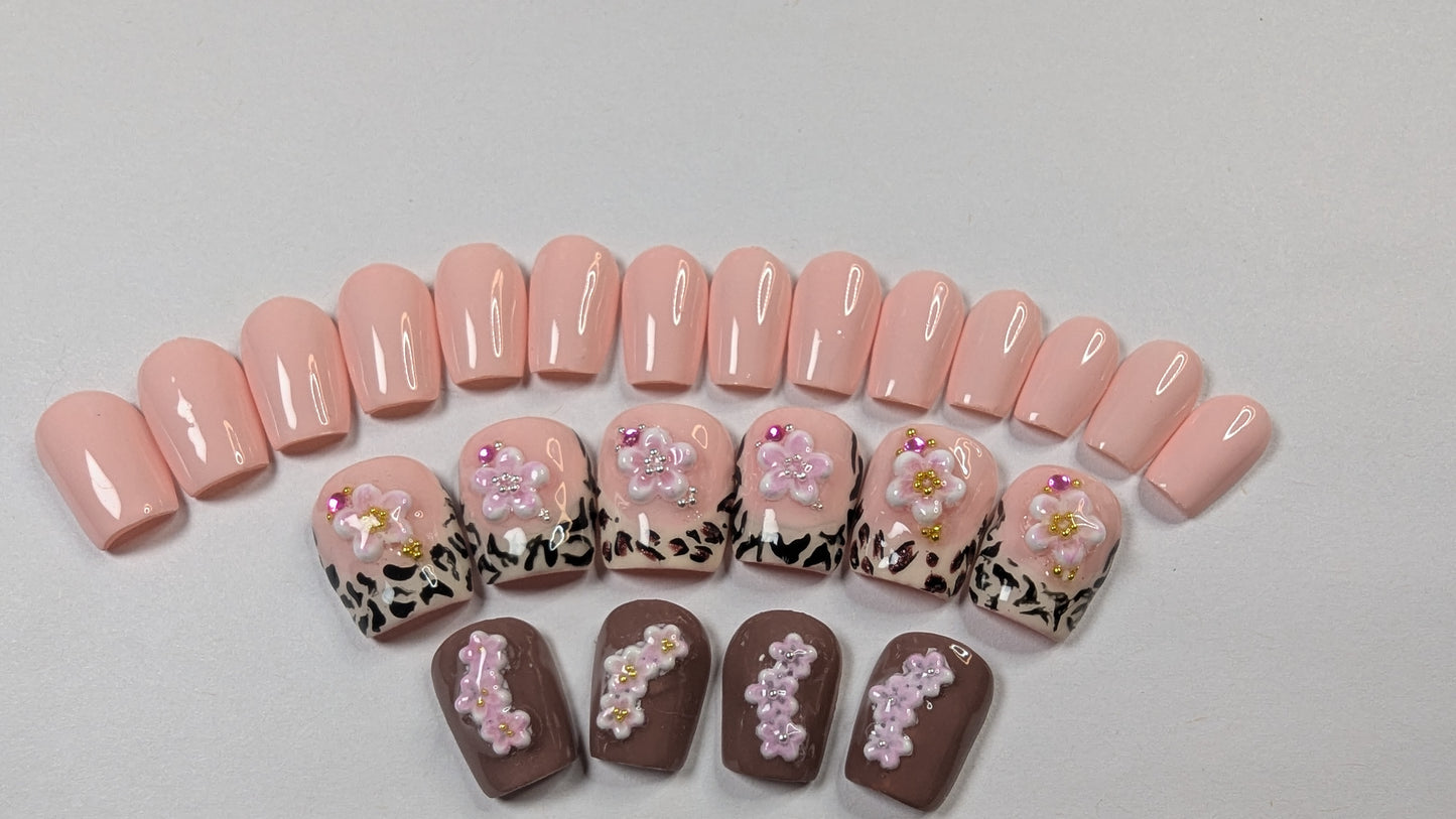 Elegant Floral and Animal Print Press-On Nail Set