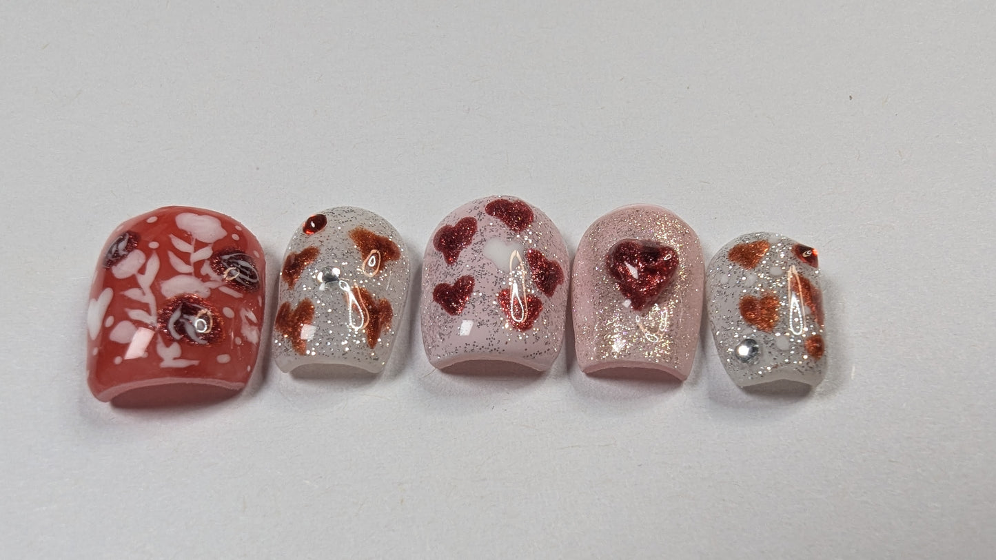 Romantic Rose and Heart Glitter Press-On Nails